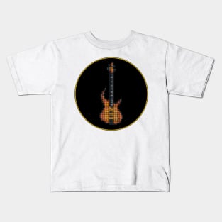 Tiled Pixel Burning Fire Bass Guitar in a Black Circle Kids T-Shirt